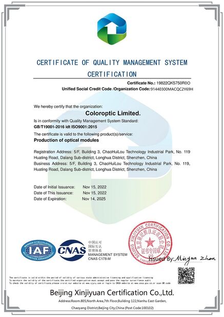 China Color Optic Limited certificaciones