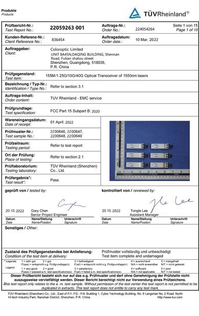 China Color Optic Limited certificaciones