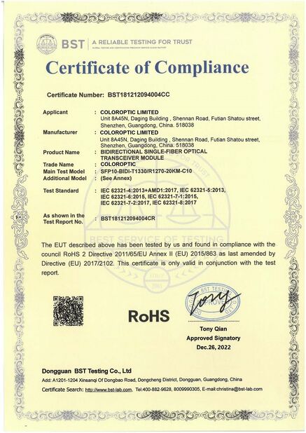 China Color Optic Limited certificaciones
